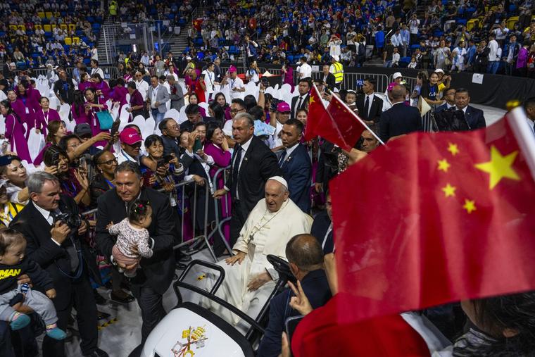 Pope Francis arrives to preside over a mass at the Steppe Arena in the Mongolian capital Ulaanbaatar, Sunday, Sept. 3, 2023.